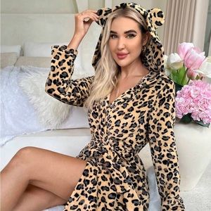 Leopard Print 3D Ear Design Hooded Belted Flannel Robe
